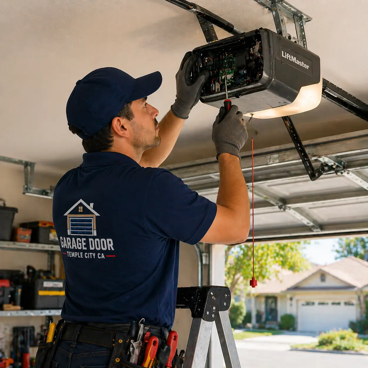 Technician repairing garage door opener
