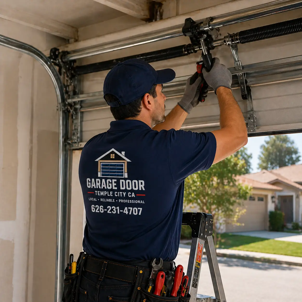 Garage door technician repairing spring in Temple City CA